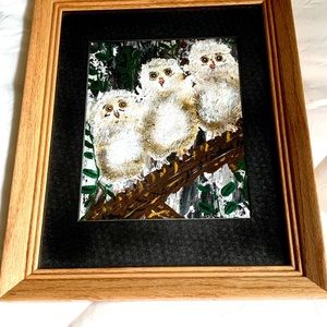 🦉Original mixed media 16 by 13 baby owls painting🦉